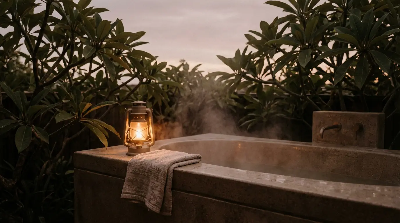 A villa outdoor bath at dusk under frangipani branches, a single lantern and rising steam