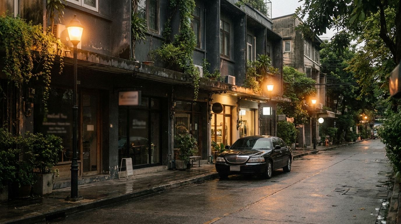 A leafy residential Bangkok soi at golden hour with low villa walls, a tall flame tree and no traffic