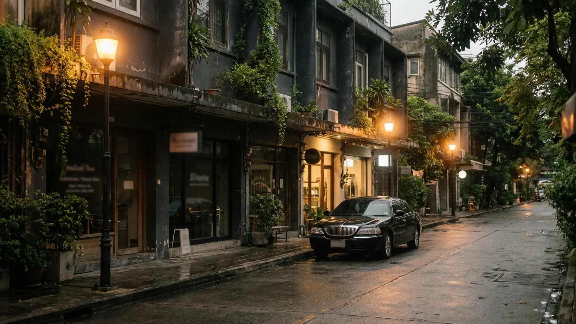 A leafy residential Bangkok soi at golden hour with low villa walls, a tall flame tree and no traffic