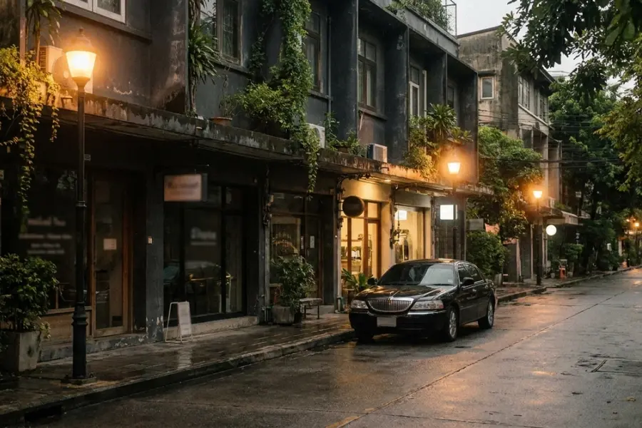 A leafy residential Bangkok soi at golden hour with low villa walls, a tall flame tree and no traffic