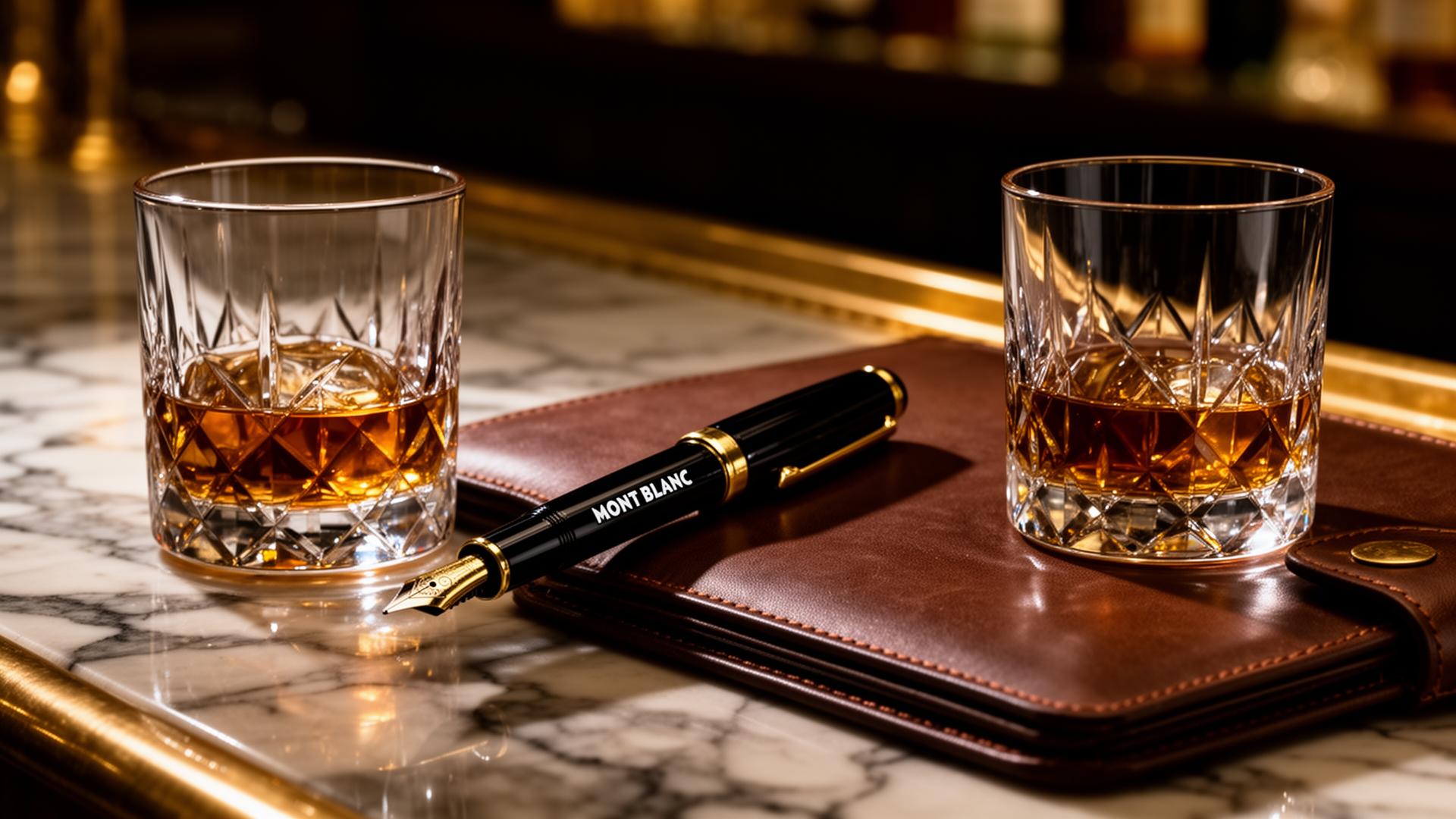 Two crystal whisky tumblers on a polished walnut table with two hands meeting in a handshake above them