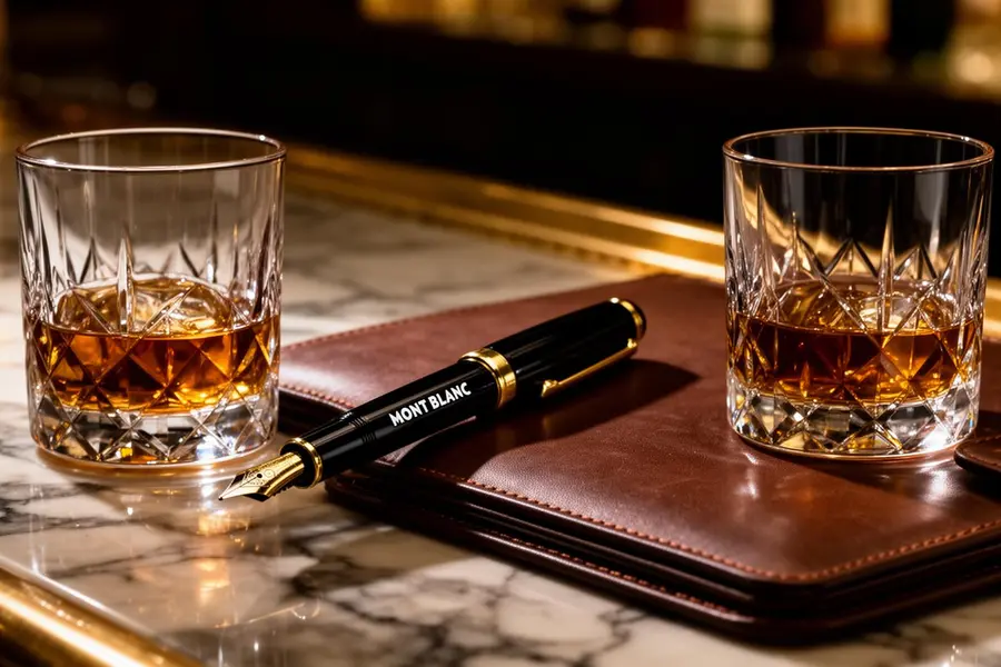 Two crystal whisky tumblers on a polished walnut table with two hands meeting in a handshake above them