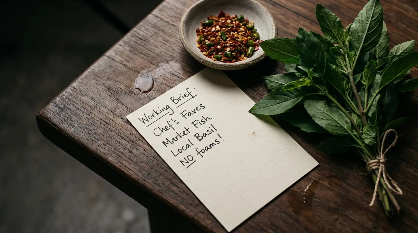 Hand-written menu card on cream paper on a teak table beside a small dish of pounded chillies and fresh holy basil