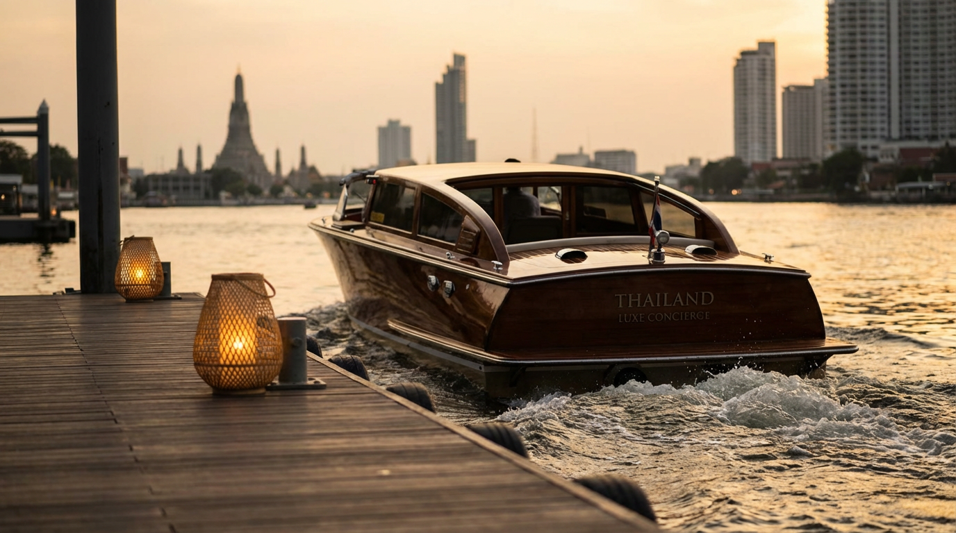 Private speedboat leaving a quiet Bangkok river pier at golden hour with two lit lanterns and the city skyline behind