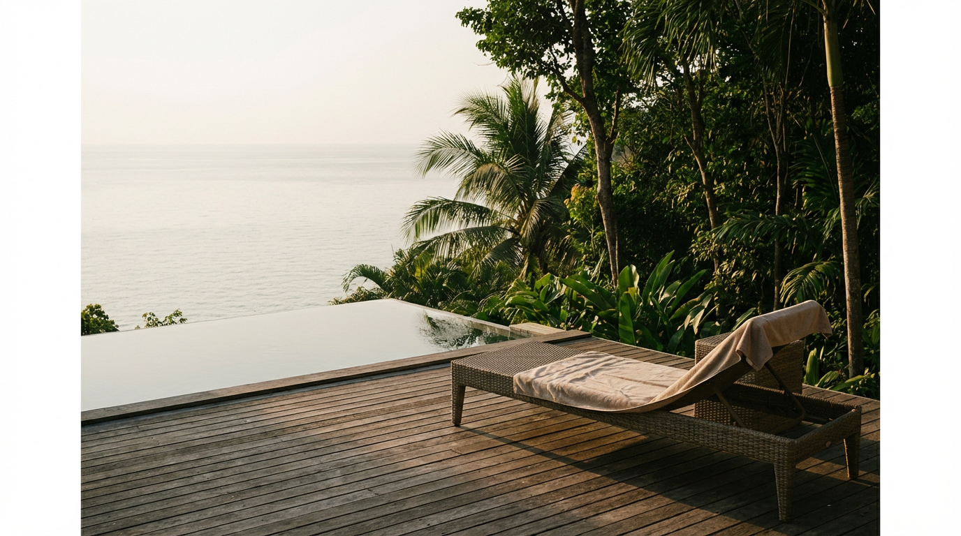 Quiet jungle-edge Koh Pha Ngan villa deck at golden hour with one teak sun lounger and the gulf flat and pale beyond