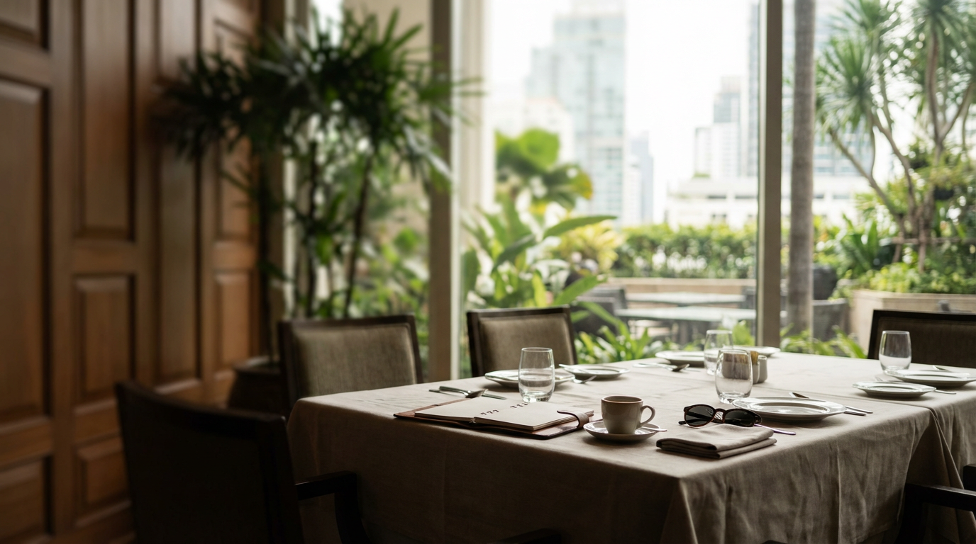Quiet hotel breakfast room mid-morning with a half-cleared linen table for eight, espresso cup and sunglasses left behind