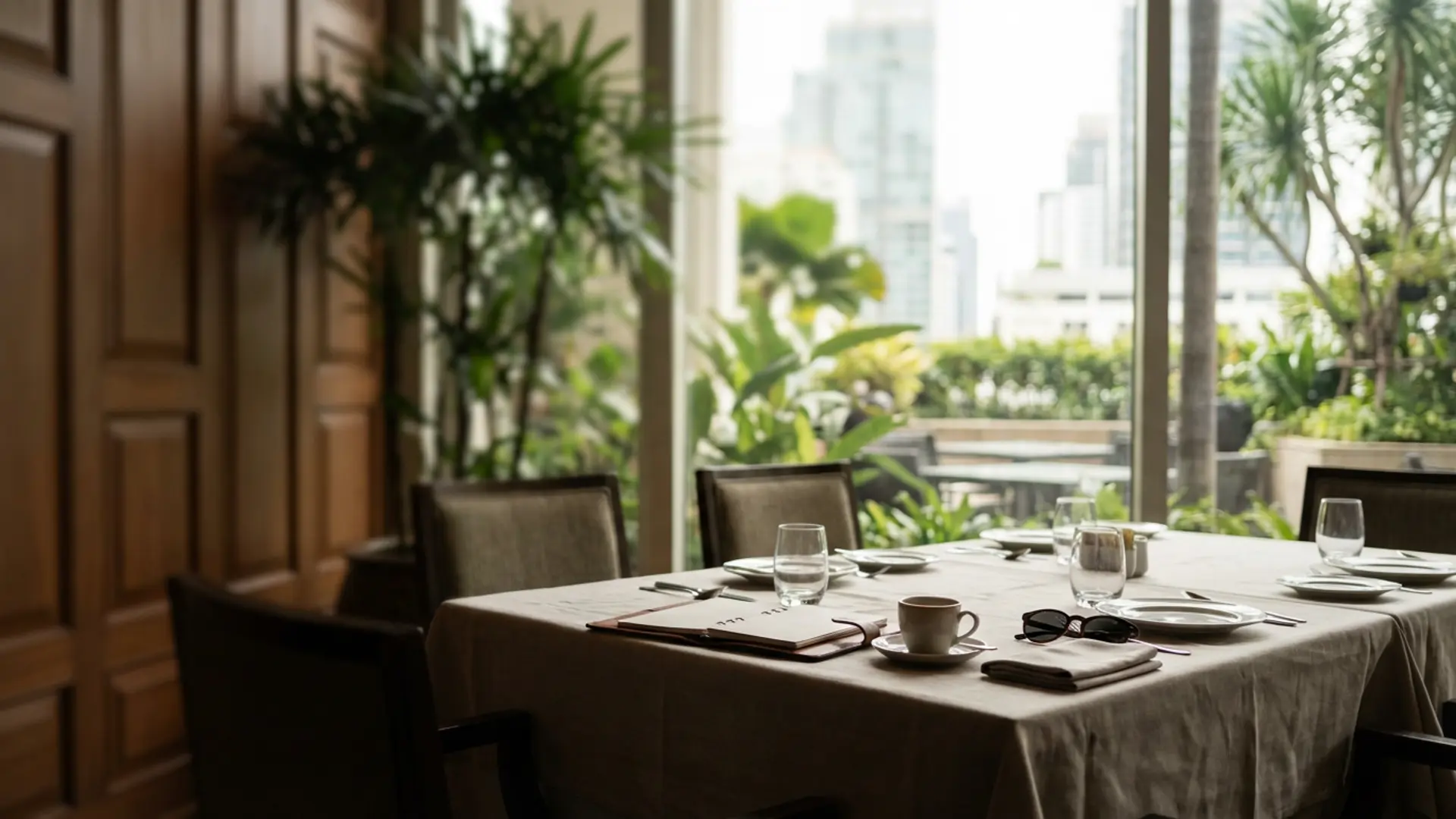 Quiet hotel breakfast room mid-morning with a half-cleared linen table for eight, espresso cup and sunglasses left behind