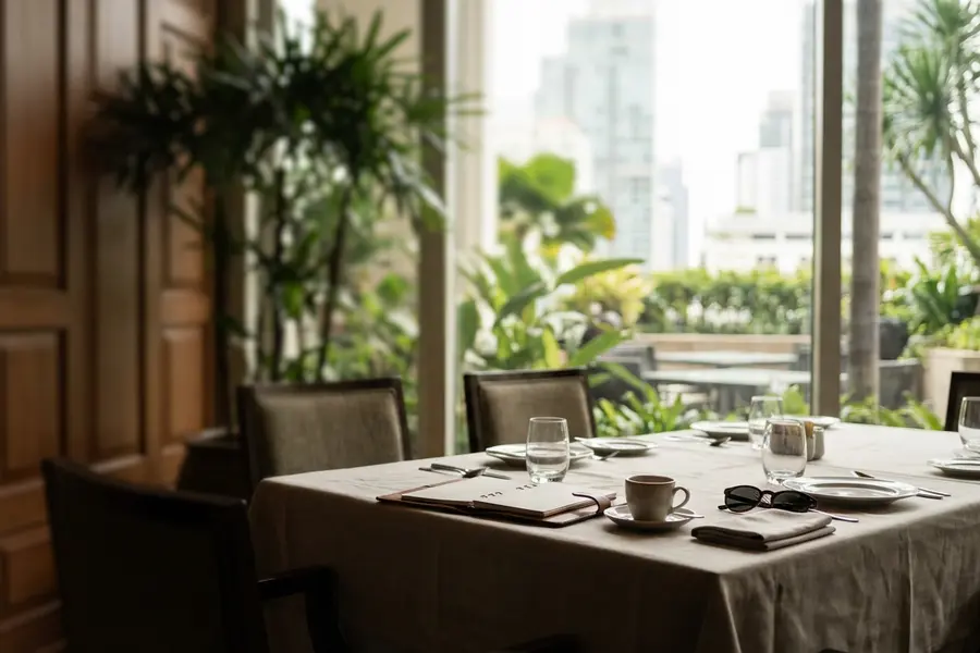 Quiet hotel breakfast room mid-morning with a half-cleared linen table for eight, espresso cup and sunglasses left behind