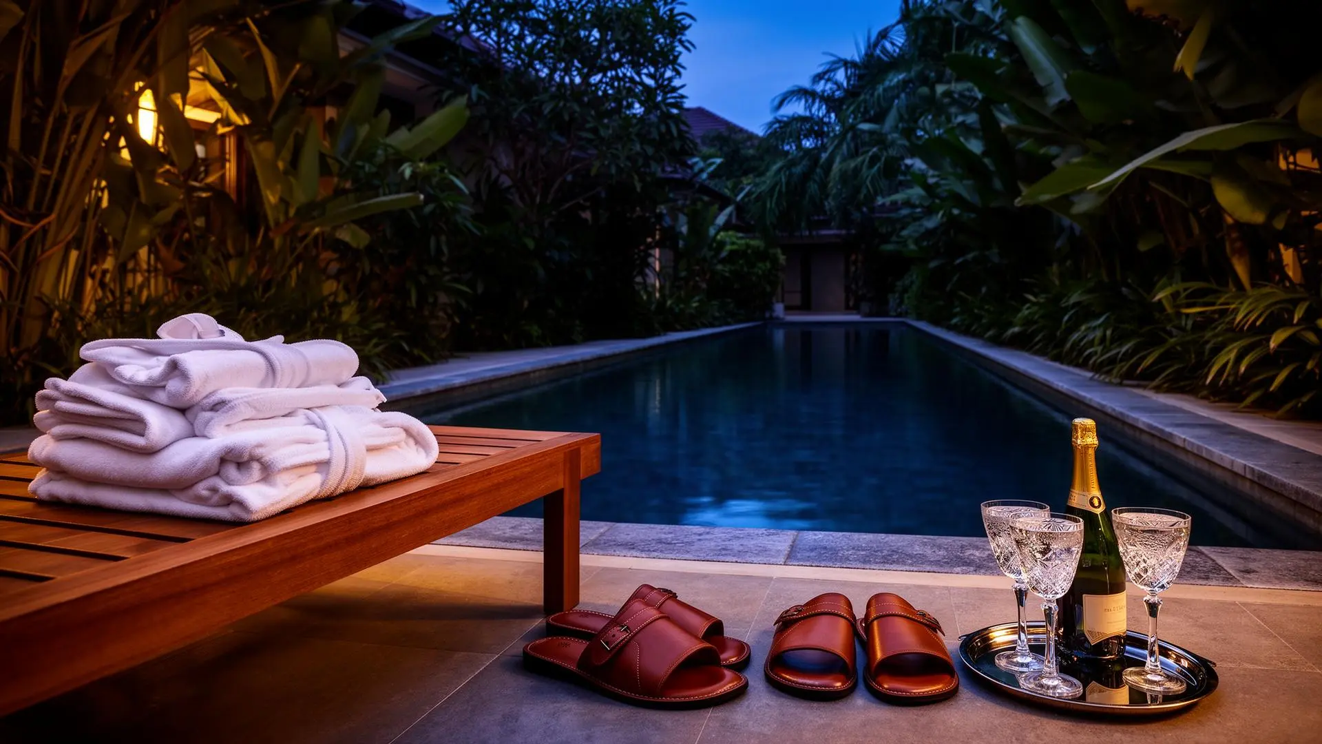 Bangkok villa garden pool at golden hour with candle lanterns floating on the water