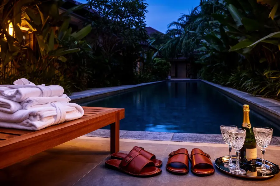 Bangkok villa garden pool at golden hour with candle lanterns floating on the water
