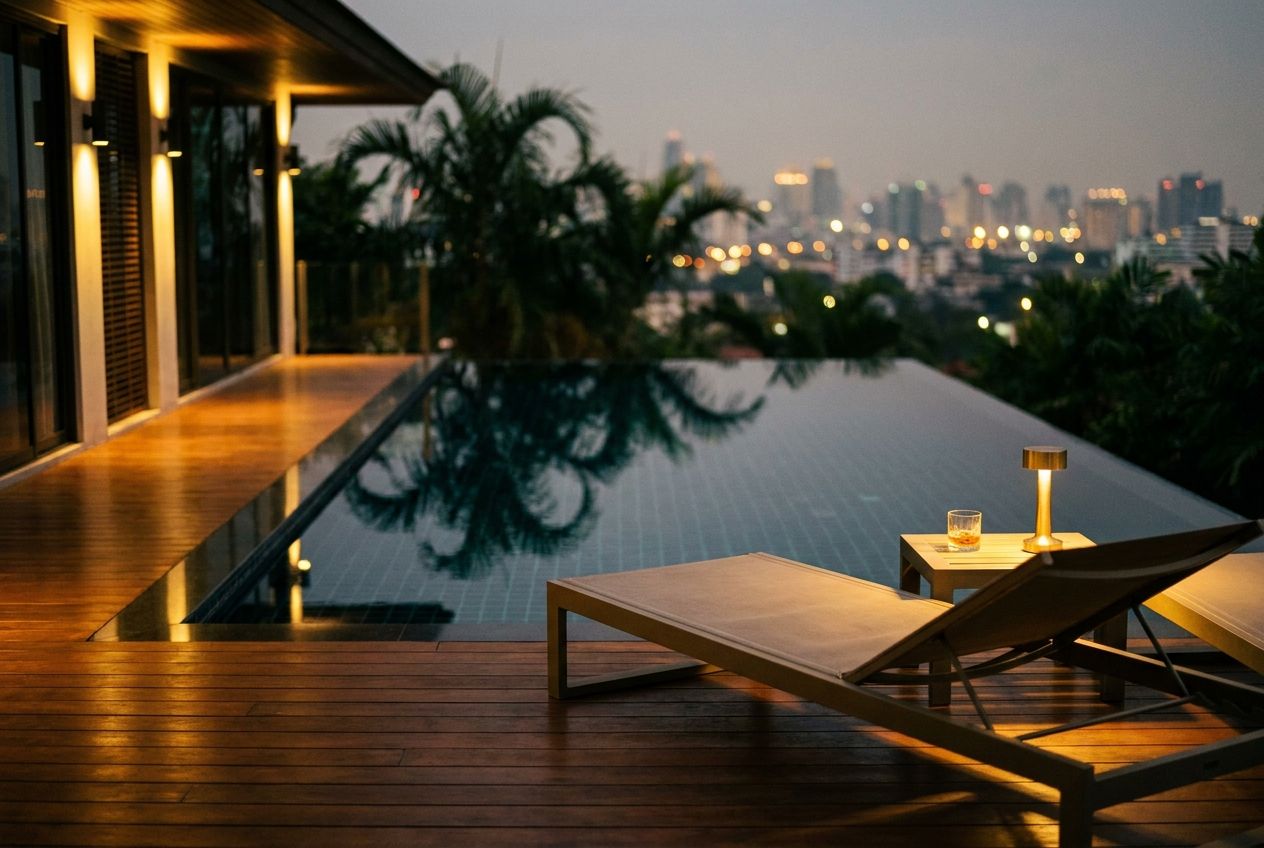 Restored teak dining room of a private Thonglor villa at dusk with low brass lamps, a polished table set for six, and warm amber light through bamboo screens