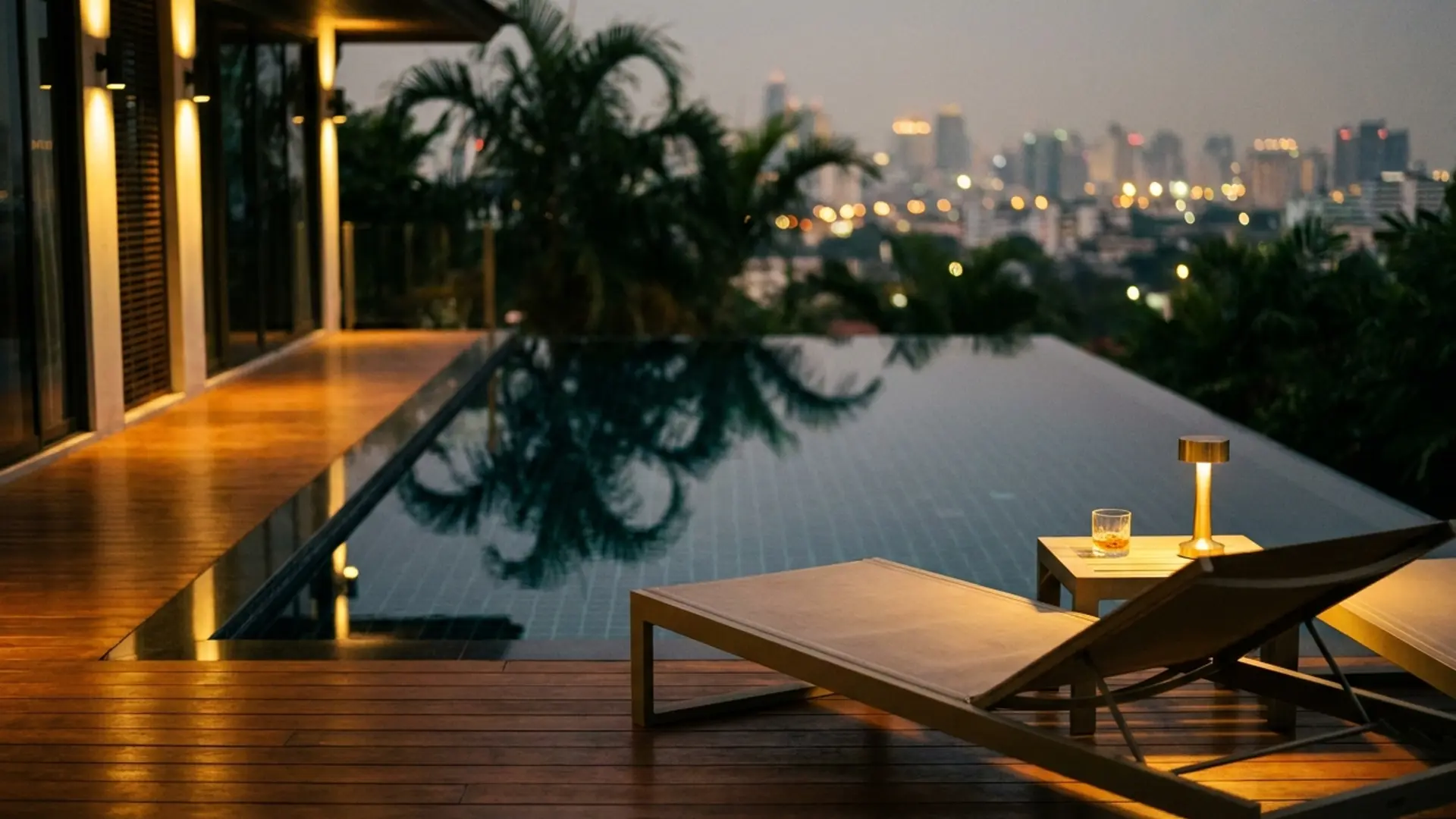 Restored teak dining room of a private Thonglor villa at dusk with low brass lamps, a polished table set for six, and warm amber light through bamboo screens