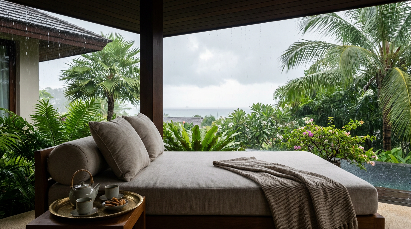 A dry Hua Hin villa terrace during a soft rain shower with a linen daybed and a brass tea tray