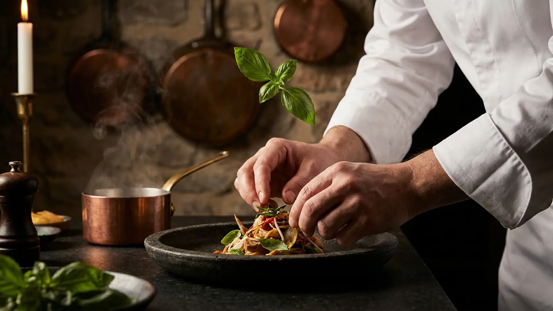 A clean villa kitchen island at midday with a basket of fresh herbs, a single chef's knife on a wooden board and soft daylight from a tall window
