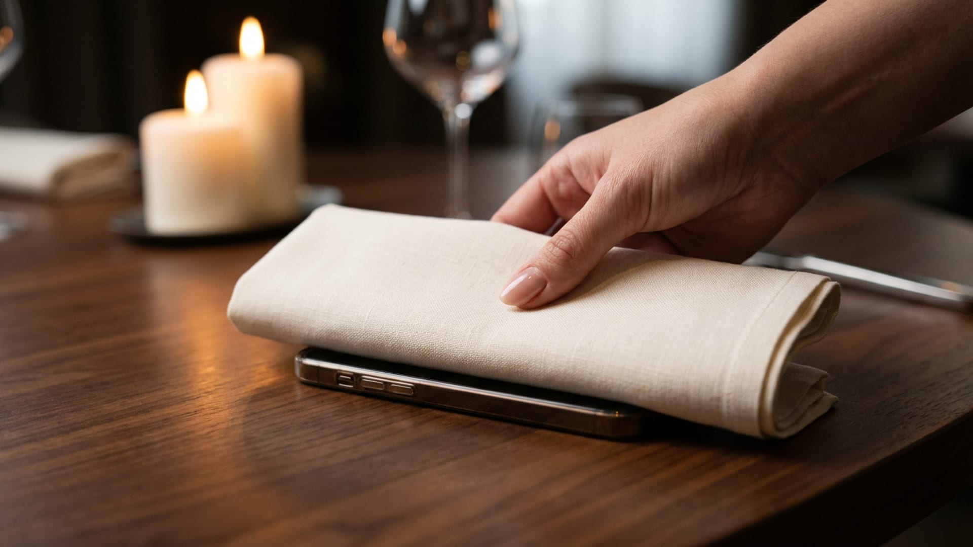 A linen napkin folded over a phone on a candlelit walnut dining table