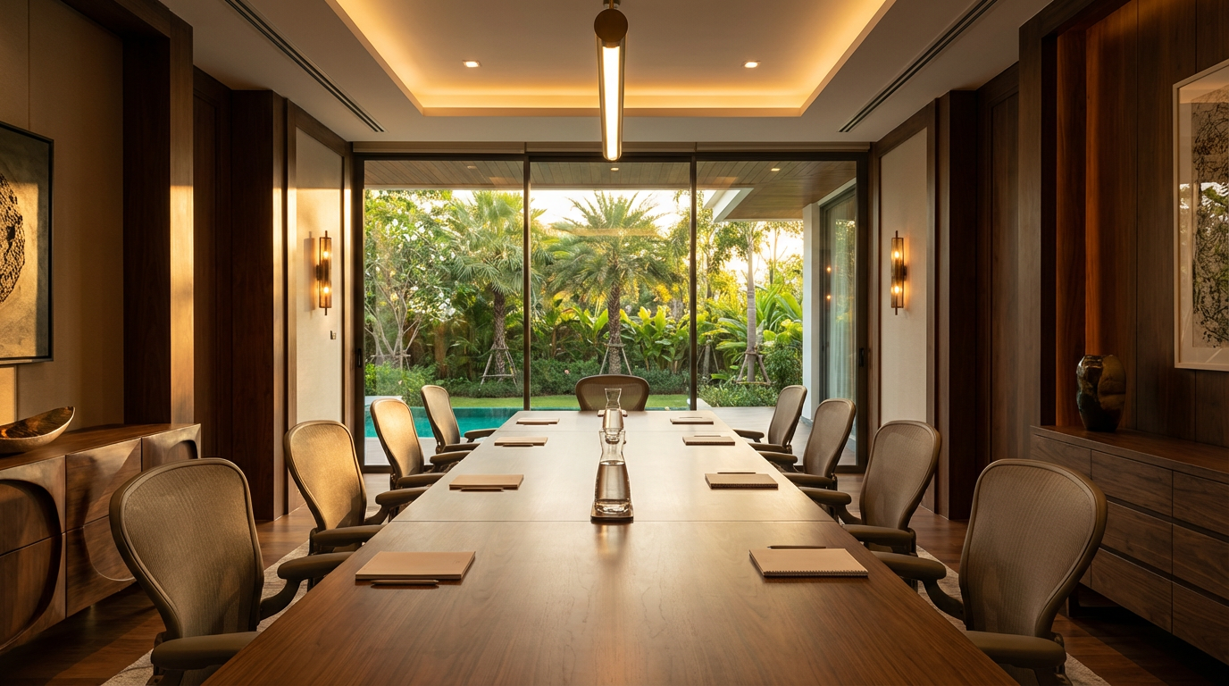 A private villa boardroom in Bangkok at golden hour with eight chairs and a glass wall onto a tropical garden