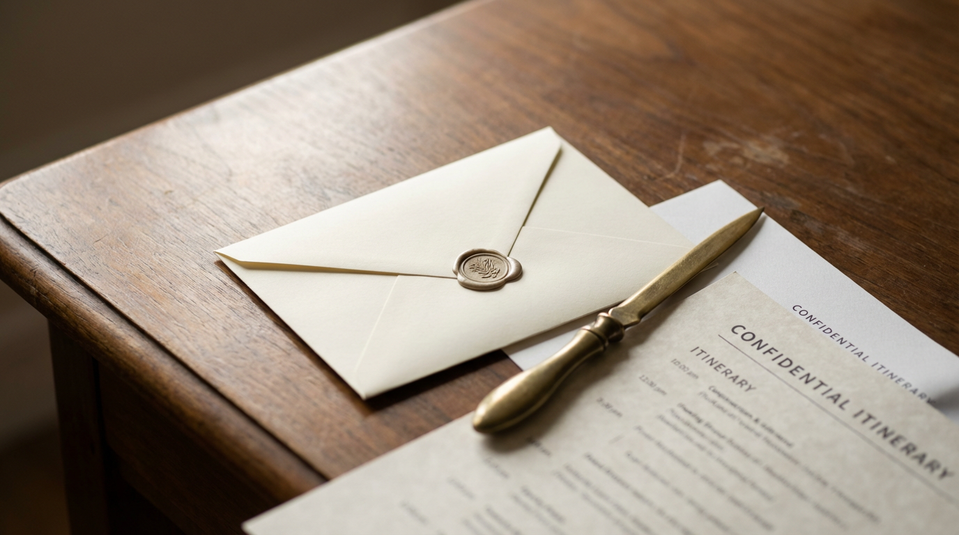 Top-down view of a walnut desk with a single sealed cream envelope, a brass letter opener and the corner of a printed itinerary