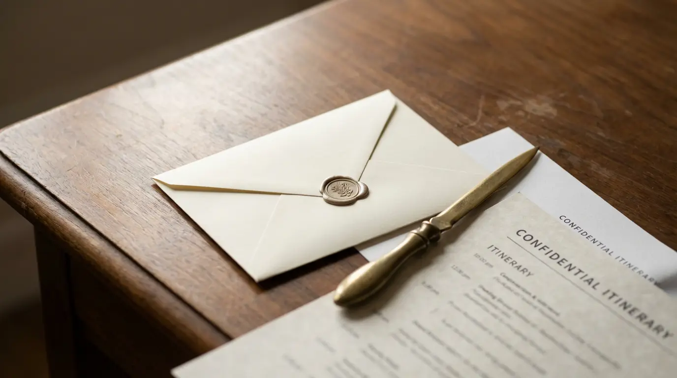 Top-down view of a walnut desk with a single sealed cream envelope, a brass letter opener and the corner of a printed itinerary