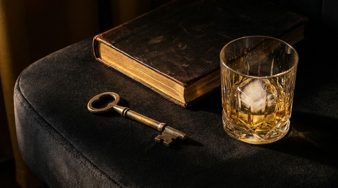 A closed leather-bound notebook on a dark walnut desk beside a single brass pen and a low reading lamp