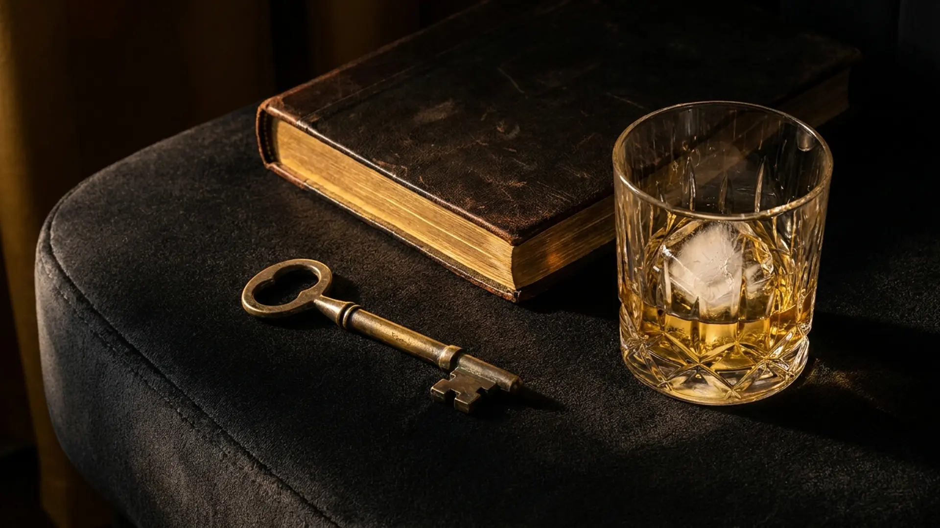 A closed leather-bound notebook on a dark walnut desk beside a single brass pen and a low reading lamp