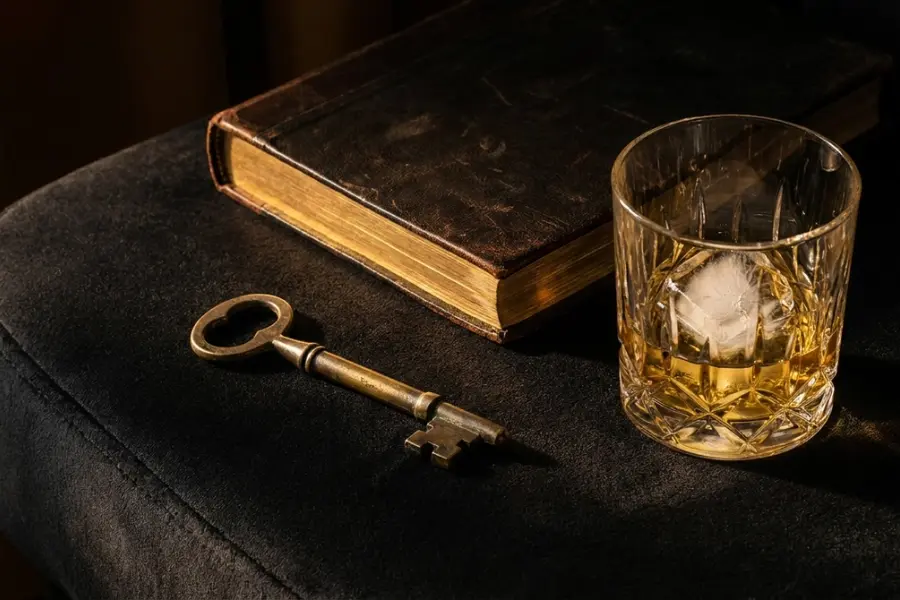 A closed leather-bound notebook on a dark walnut desk beside a single brass pen and a low reading lamp