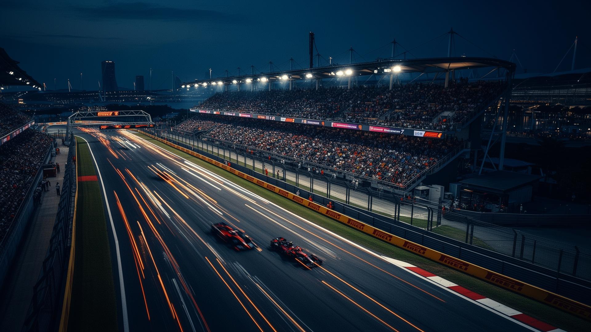 Marina Bay street circuit illuminated at night, viewed from a private terrace