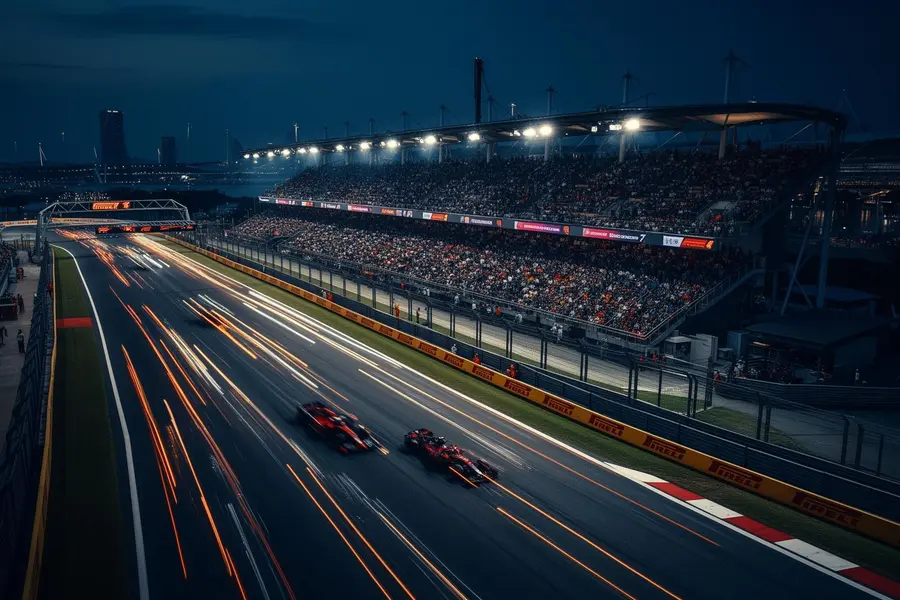 Marina Bay street circuit illuminated at night, viewed from a private terrace