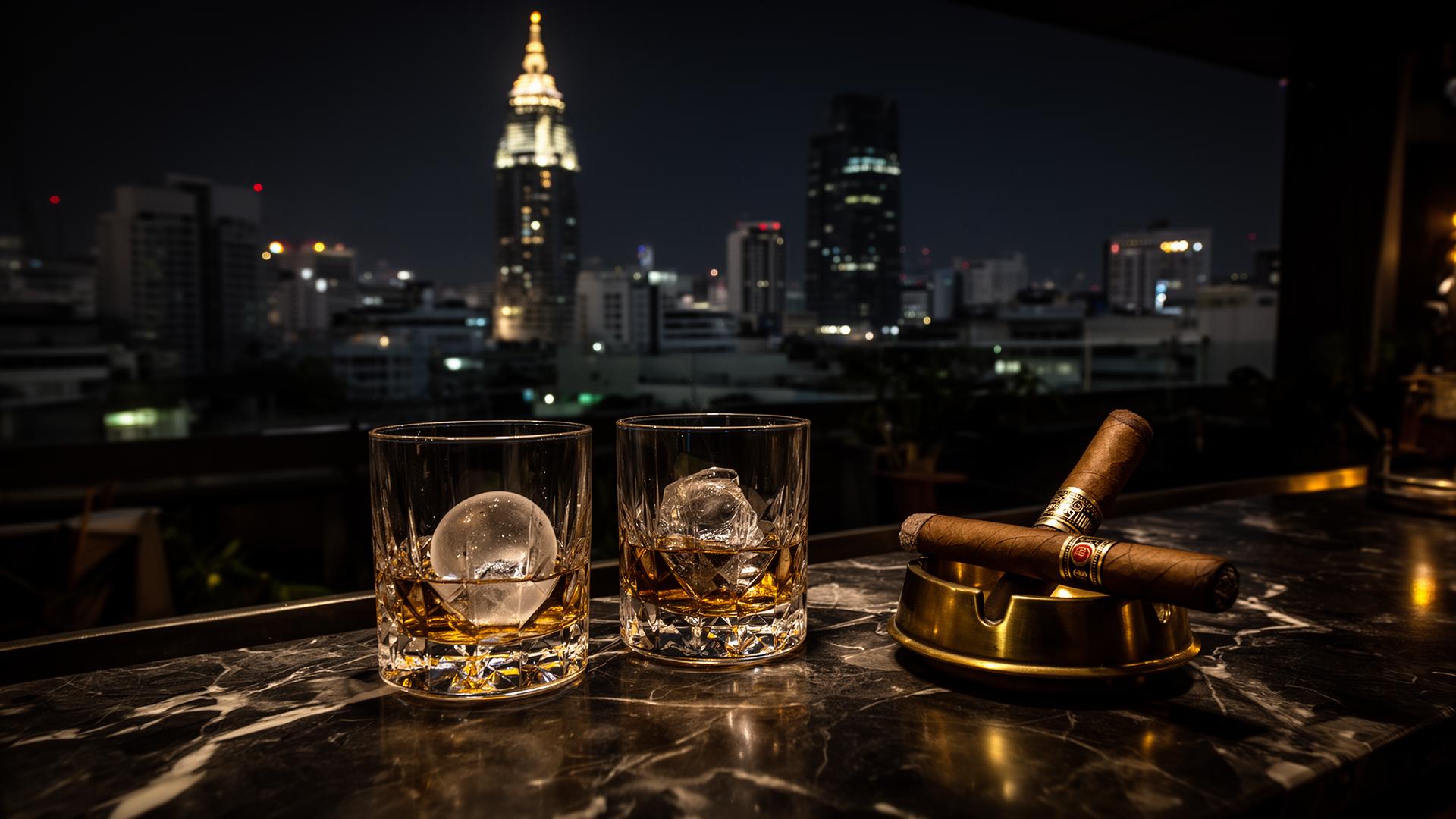 Two crystal whisky tumblers on a teak rooftop bar with the Buriram circuit floodlights in the distance