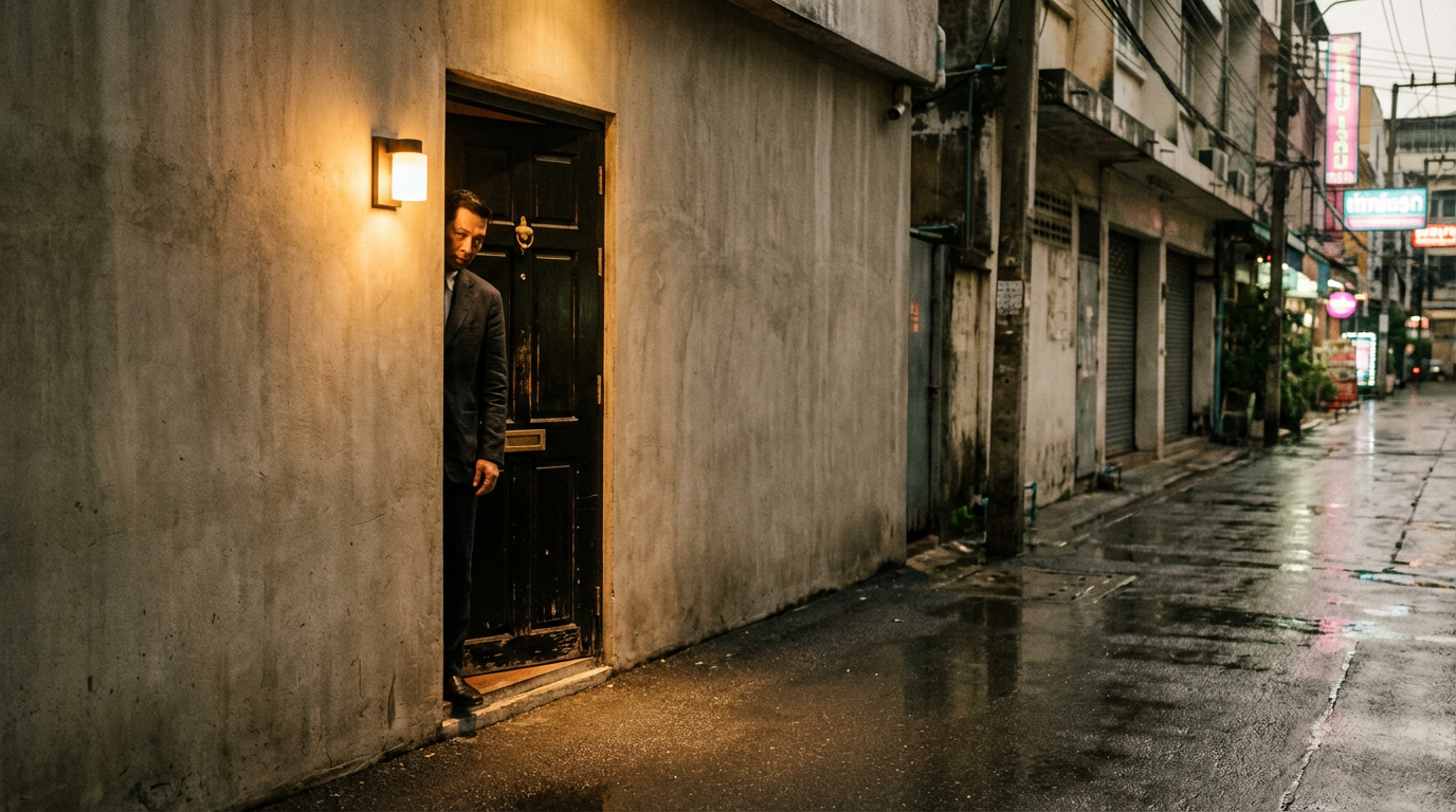 Small unmarked black door on a quiet Bangkok soi at 1am with soft amber light spilling onto wet pavement