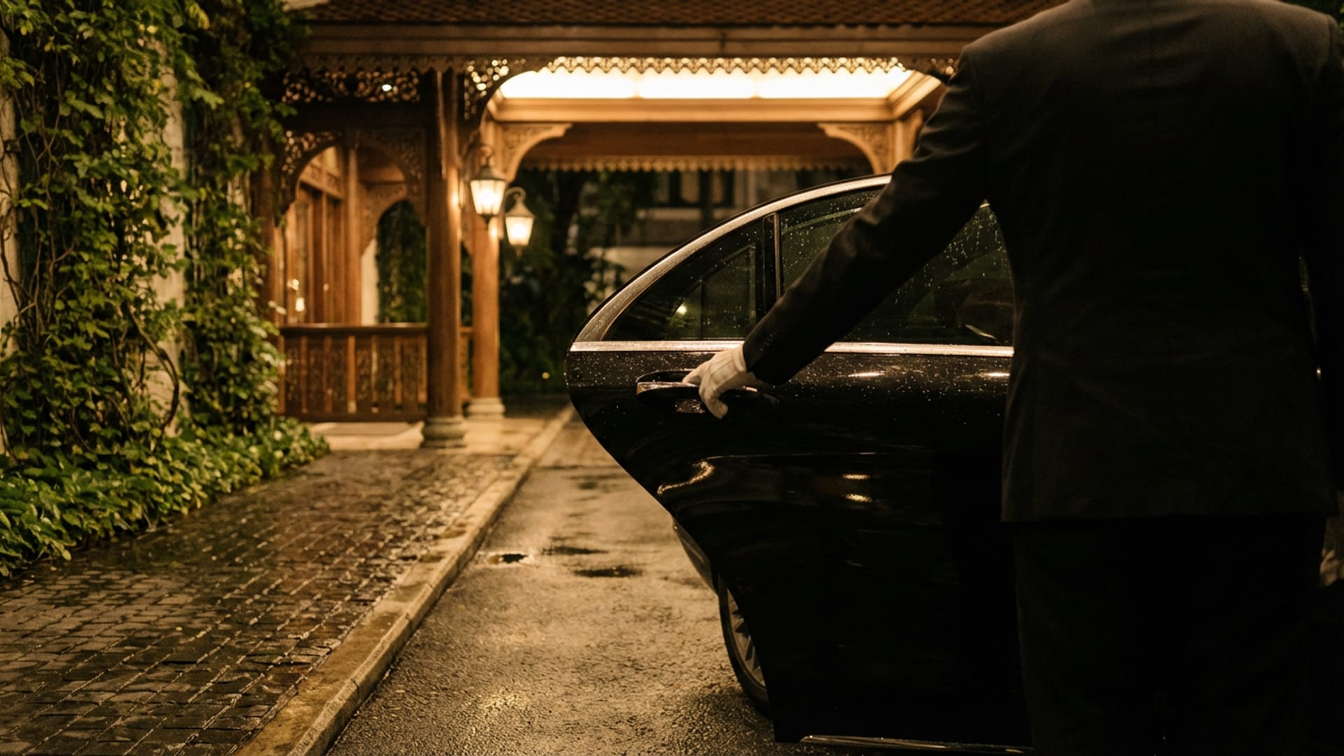 Black town car at a Bangkok hotel side entrance at night, gloved hand holding the door open