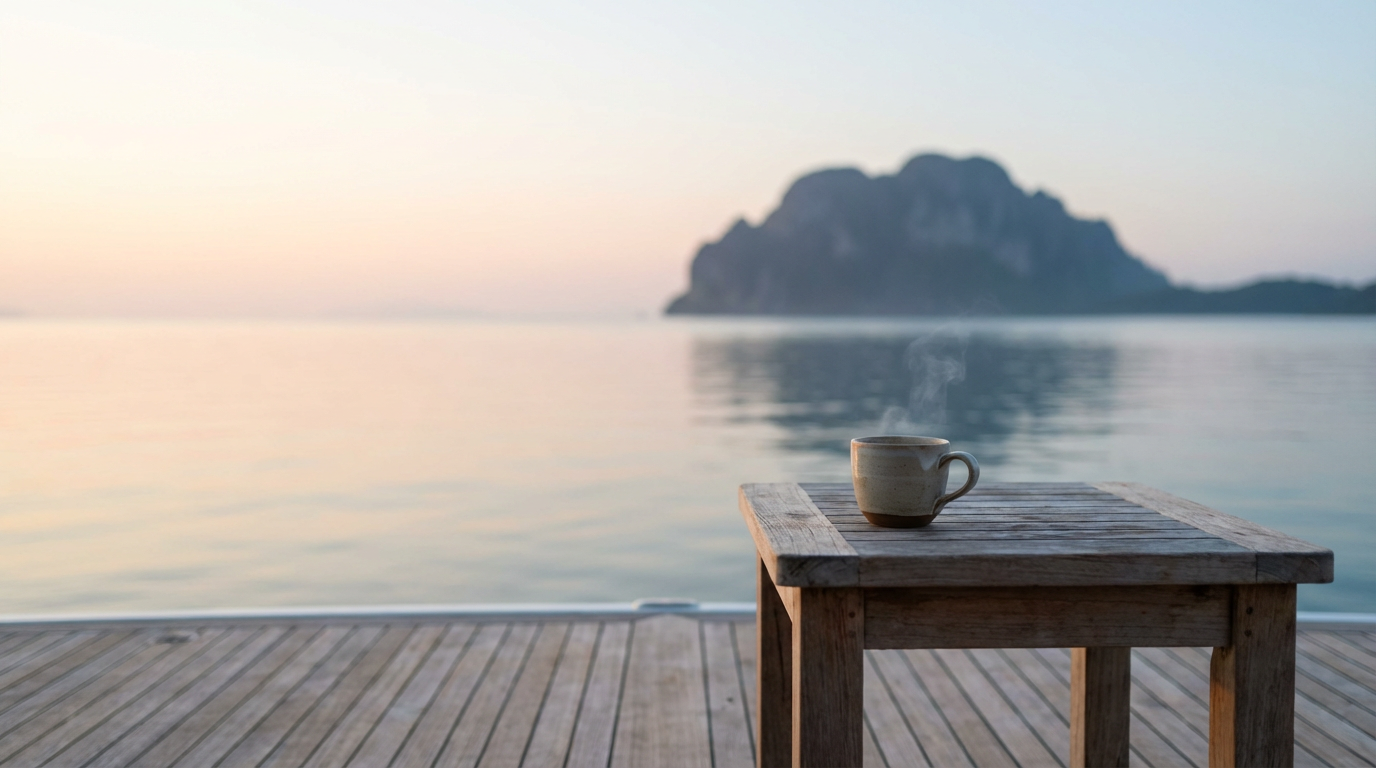 Yacht foredeck at first light with a single coffee cup on a teak table and a karst island silhouette in mist
