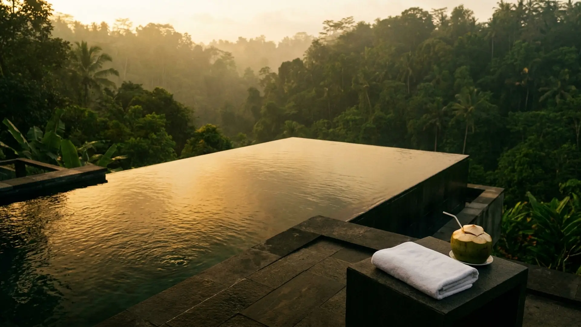 A long infinity-edge private villa pool at golden hour with a single teak sun lounger and a stone wall enclosing the garden