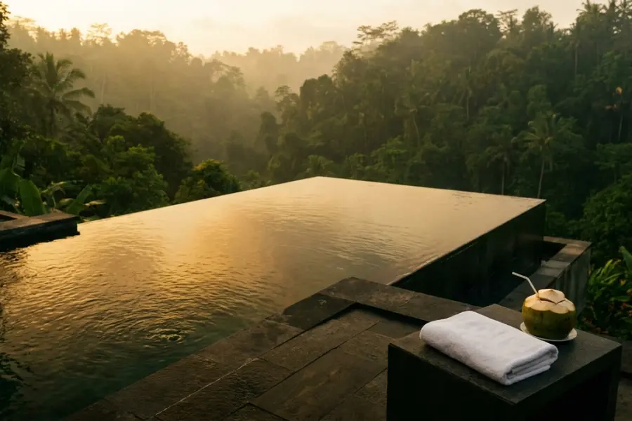 A long infinity-edge private villa pool at golden hour with a single teak sun lounger and a stone wall enclosing the garden