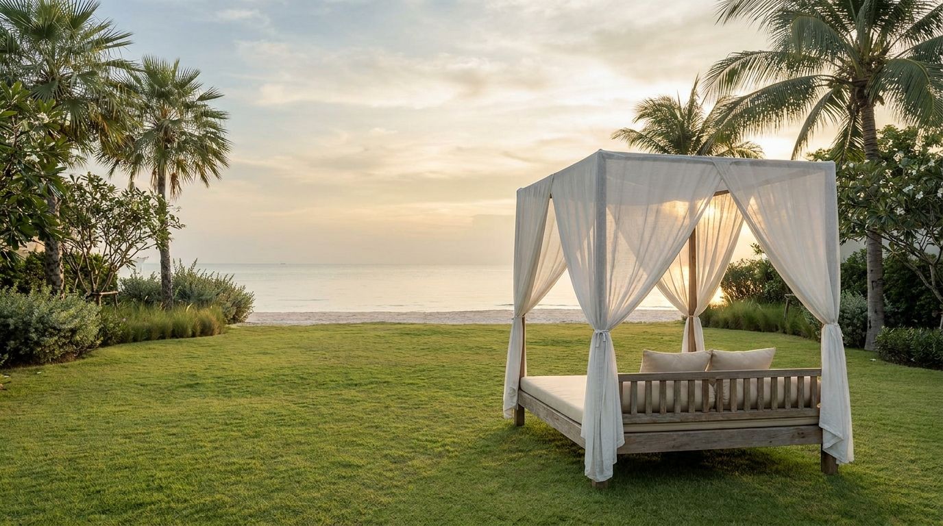 A Hua Hin private villa lawn at dawn with a long teak meeting table set for eight, the Gulf of Thailand softly visible beyond