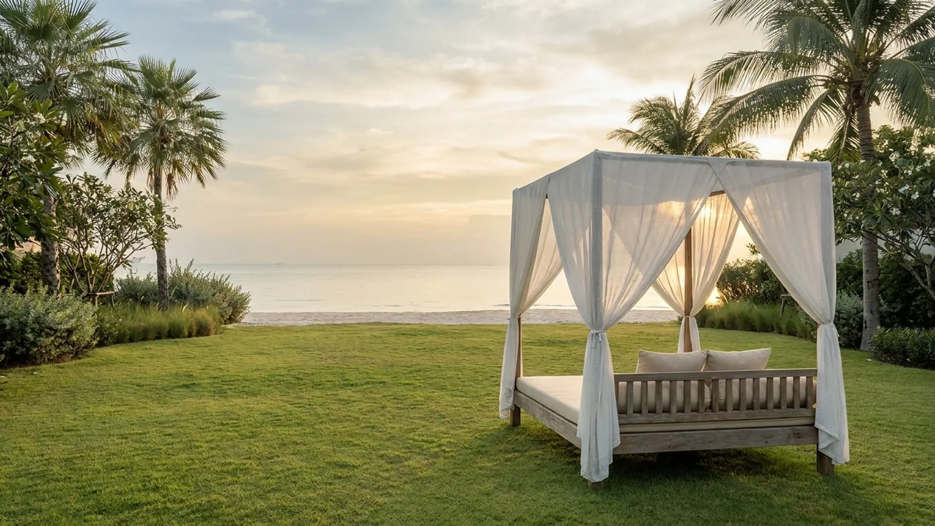 A Hua Hin private villa lawn at dawn with a long teak meeting table set for eight, the Gulf of Thailand softly visible beyond