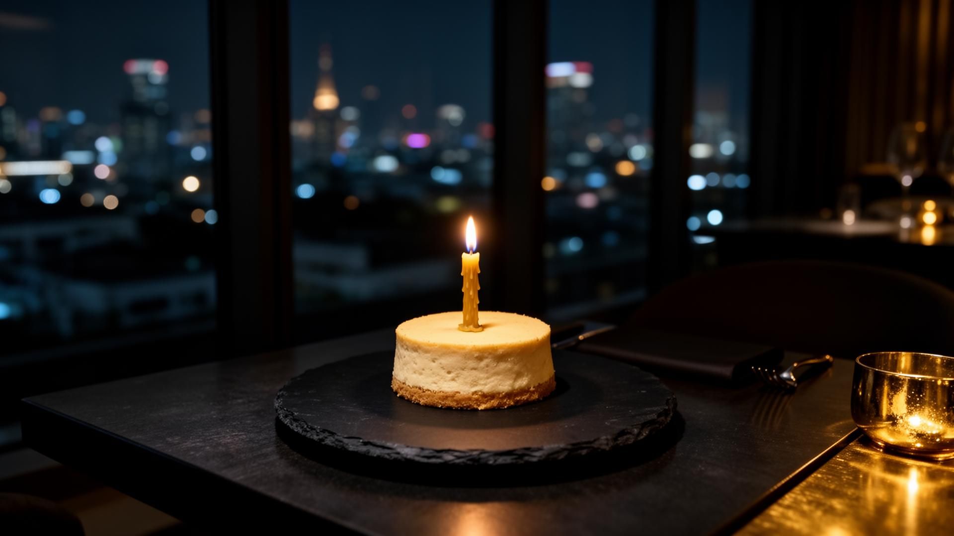 A single tall candle illuminating a small chocolate birthday cake on a silver tray