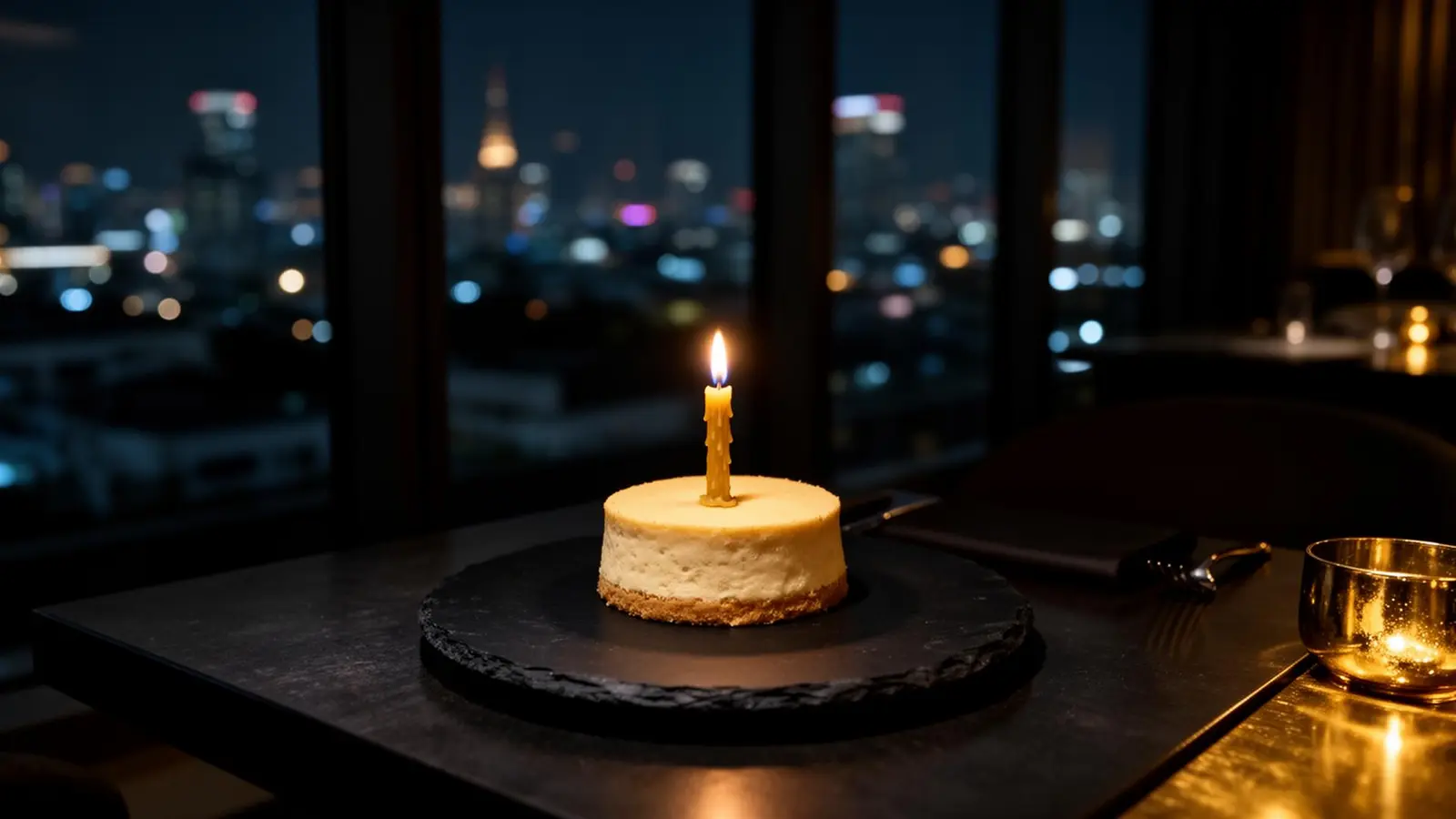 A single tall candle illuminating a small chocolate birthday cake on a silver tray