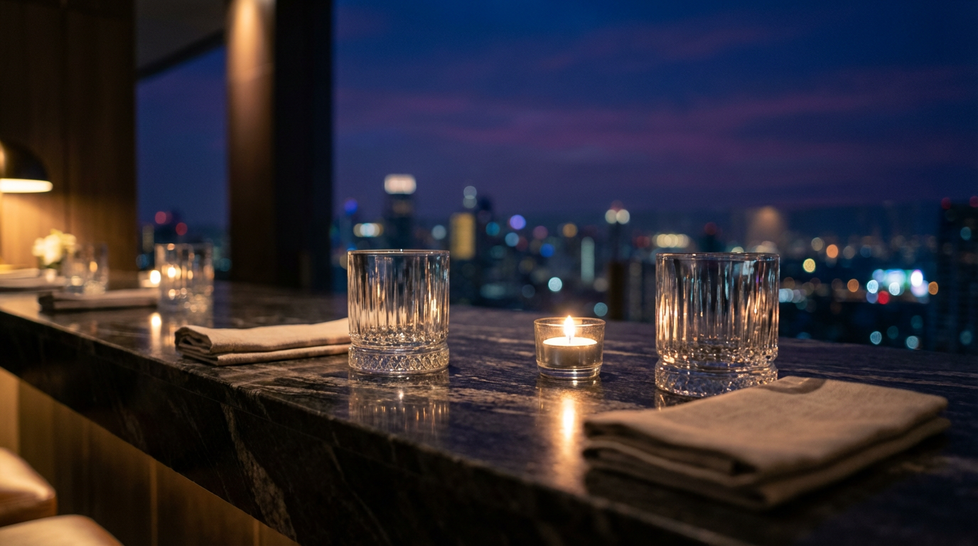 Empty rooftop bar at midnight with two crystal nightcaps left on a polished stone bar above the soft Bangkok skyline