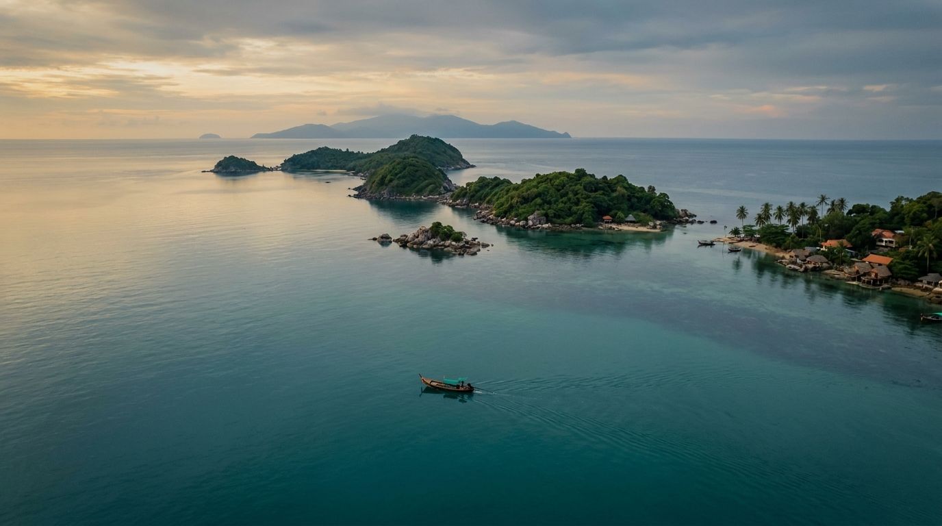 A wooden longtail boat moored on calm turquoise water between two limestone islands at midday with no people in sight