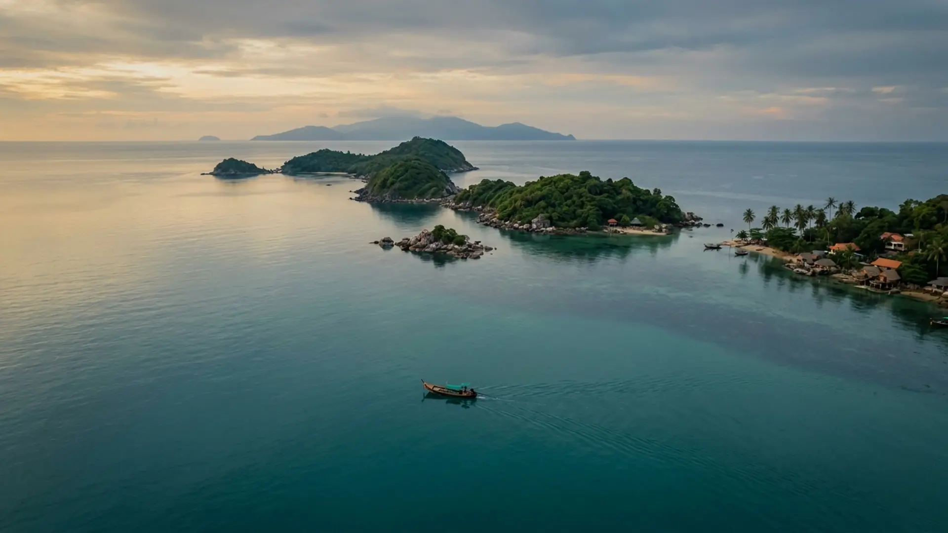A wooden longtail boat moored on calm turquoise water between two limestone islands at midday with no people in sight