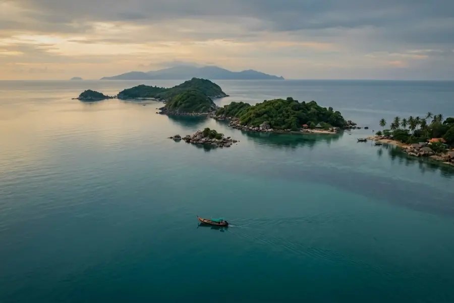 A wooden longtail boat moored on calm turquoise water between two limestone islands at midday with no people in sight