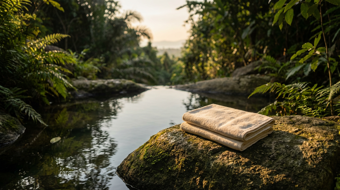 A private Samui jungle waterfall with two folded linen towels on moss-covered rock, dappled gold light