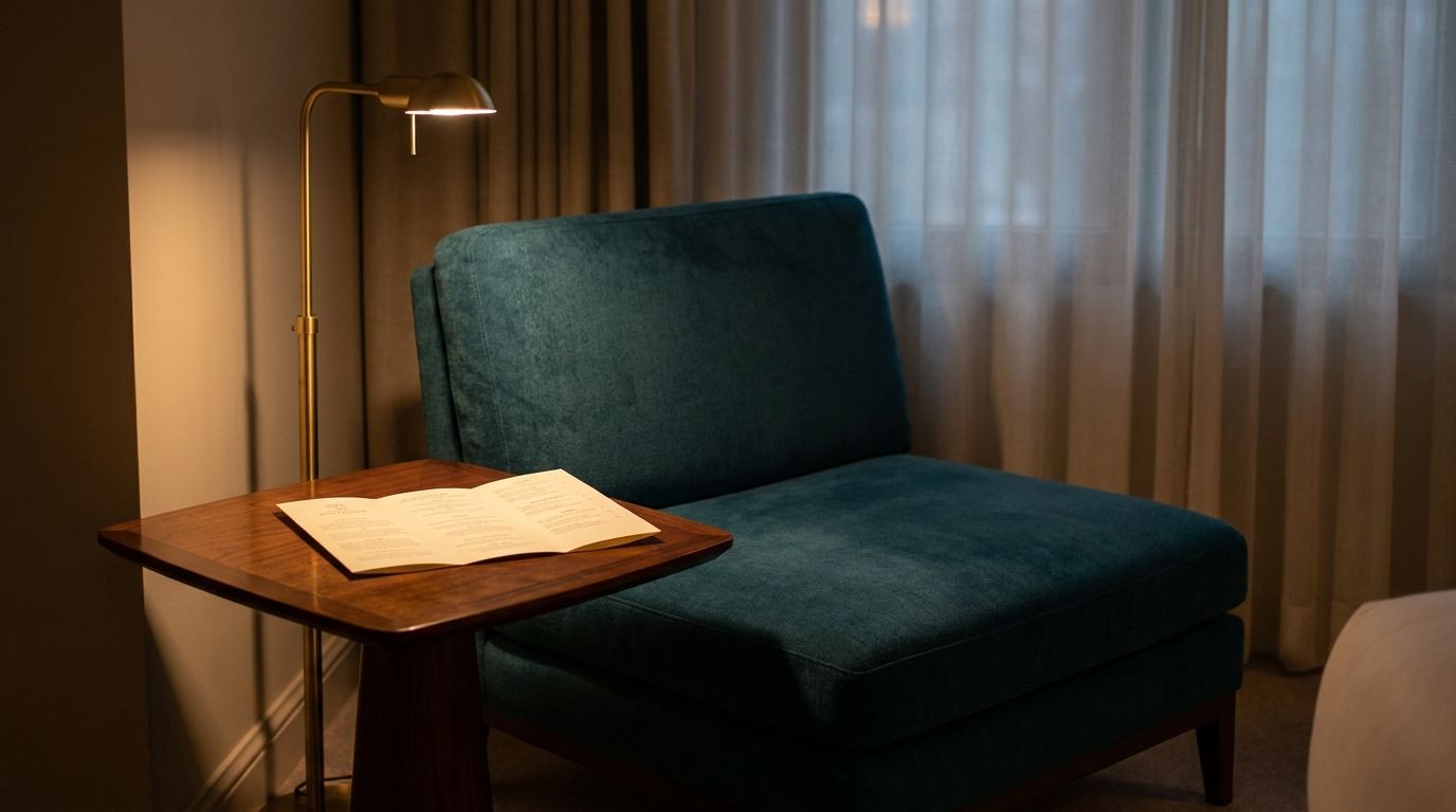 Quiet hotel suite reading nook at dusk with a single armchair and a folded printed briefing on a side table