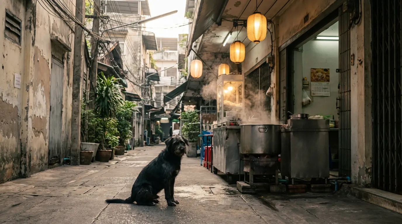 Quiet Bangkok side street at 7am with a single noodle stall opening and steam rising from the pot