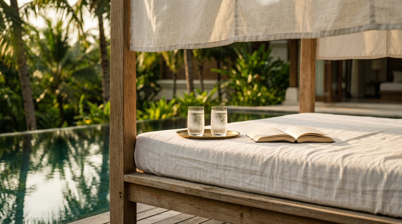 Linen-canopied teak daybed at a private Bangkok villa pool with two glasses of cold water on a brass tray and an open hardback book at golden hour