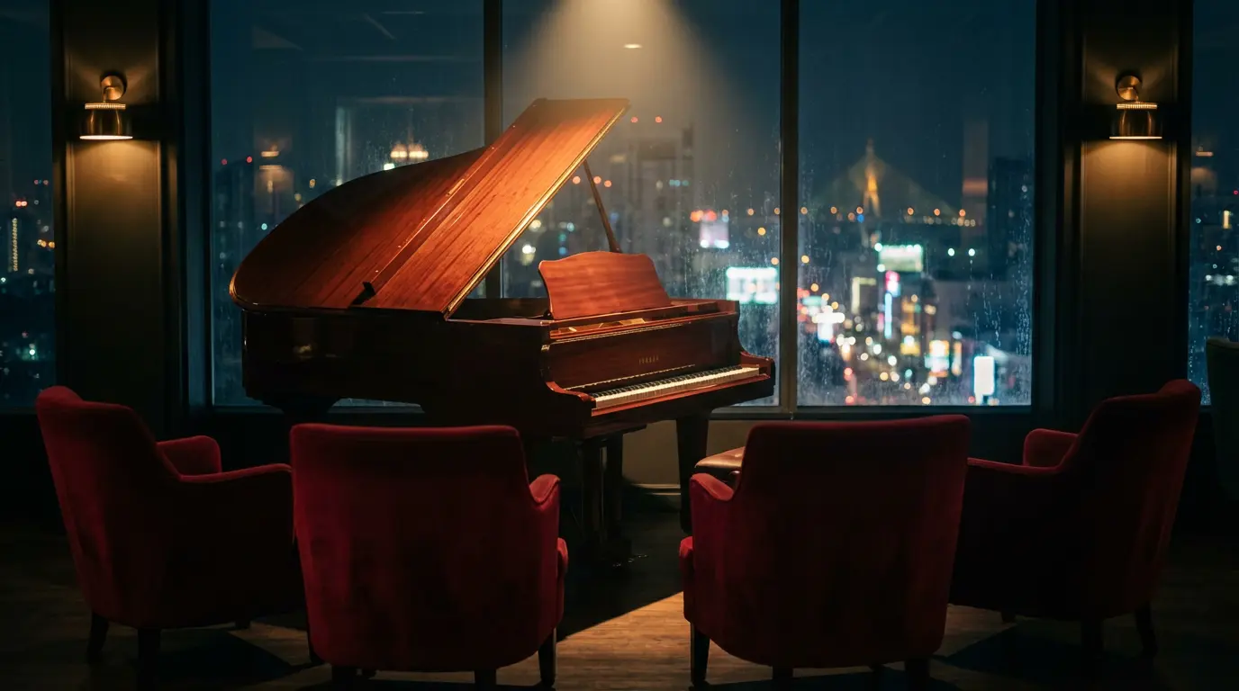Quiet upper-floor Bangkok jazz room at 2am with a baby grand piano lit by a single warm spot and four empty velvet armchairs