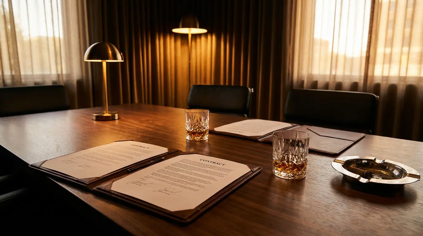 Walnut table after a deal — two signed contracts and two half-drained whisky tumblers under tungsten light