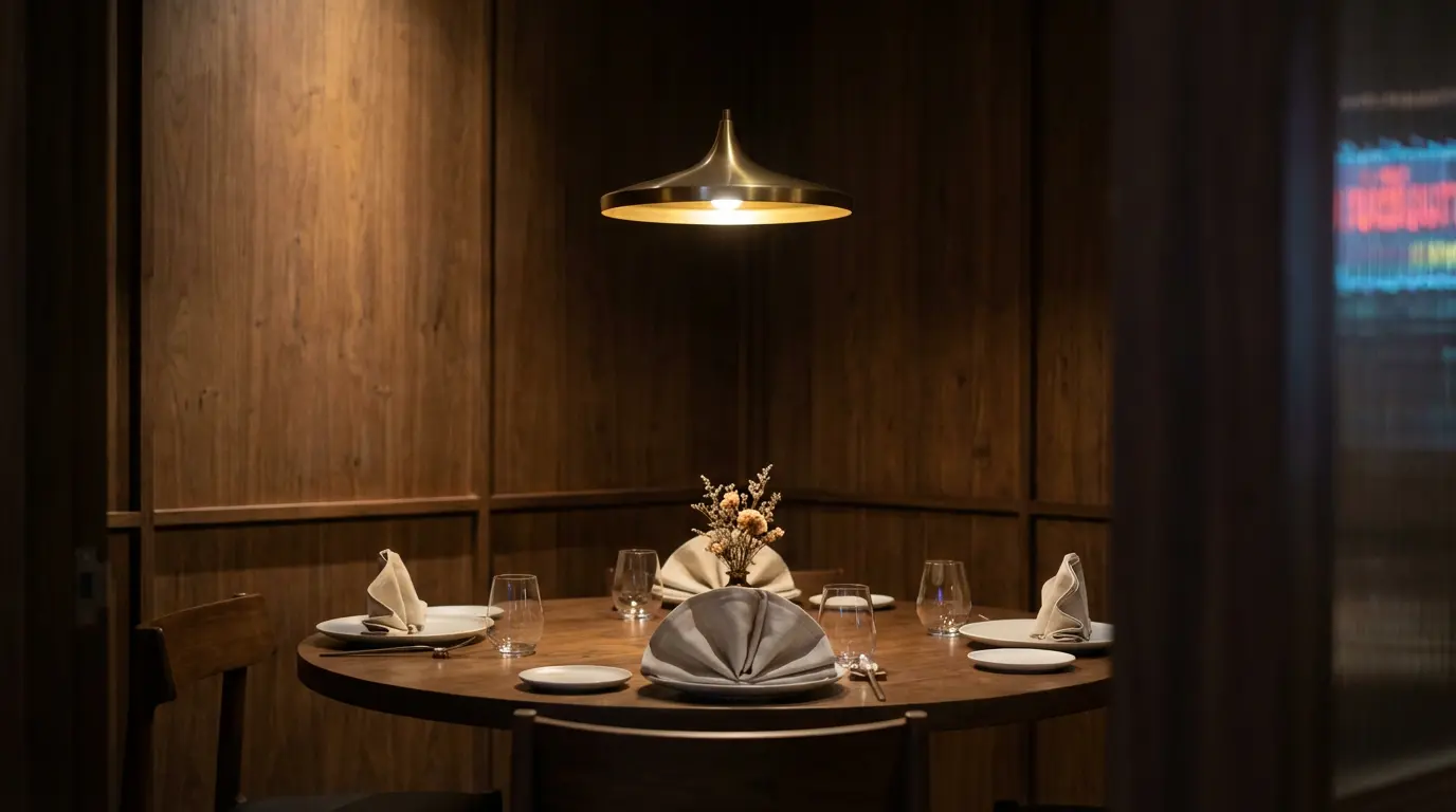 Small private dining room above a Sukhumvit shophouse with walnut walls and a single round table set for six