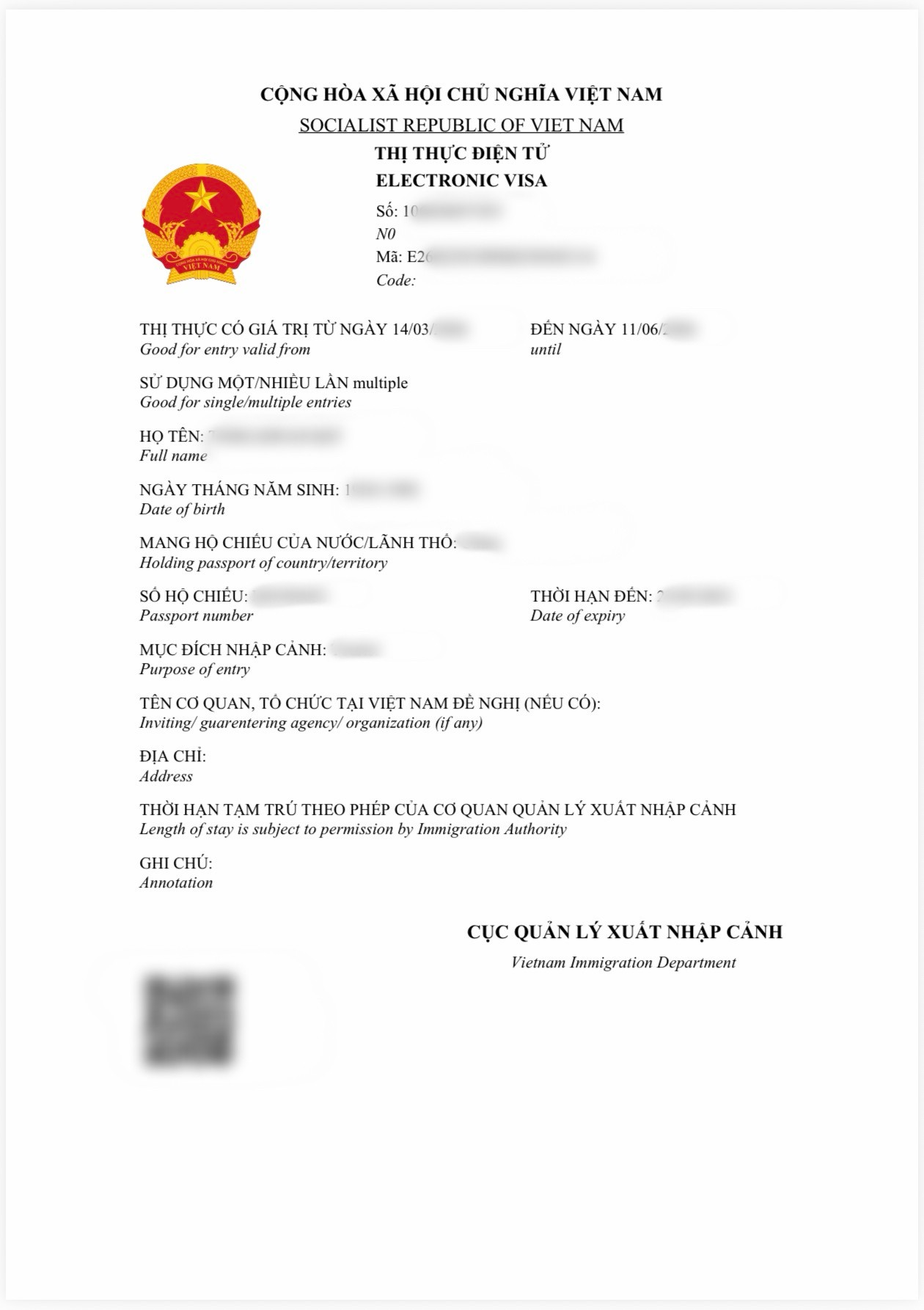 越南电子签证（e-Visa）核准文件样本，重要个人资料已模糊处理，显示签证生效日、失效日、护照号码等关键栏位 / Win Royal Spa 皇家越式按摩