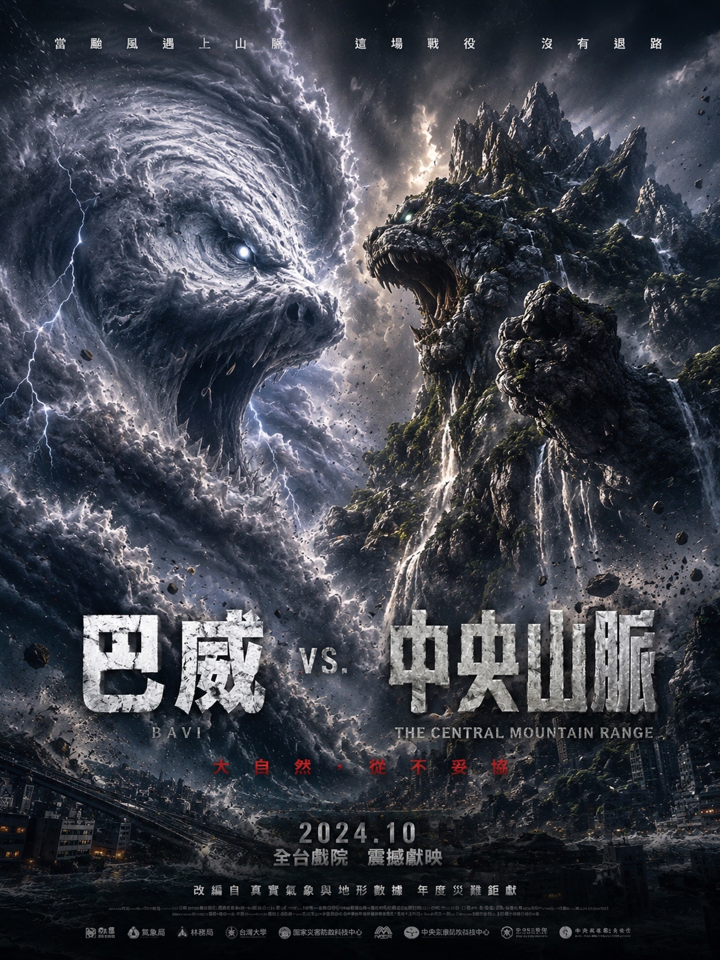 台湾台风Bavi（Bavi）vs 中央山脉的网络创意海报，2026年7月台风事件后网友创作，象征台风威力强大导致大量航班取消，旅客滞留越南面临签证超期问题 / Win Royal Spa 皇家越式按摩